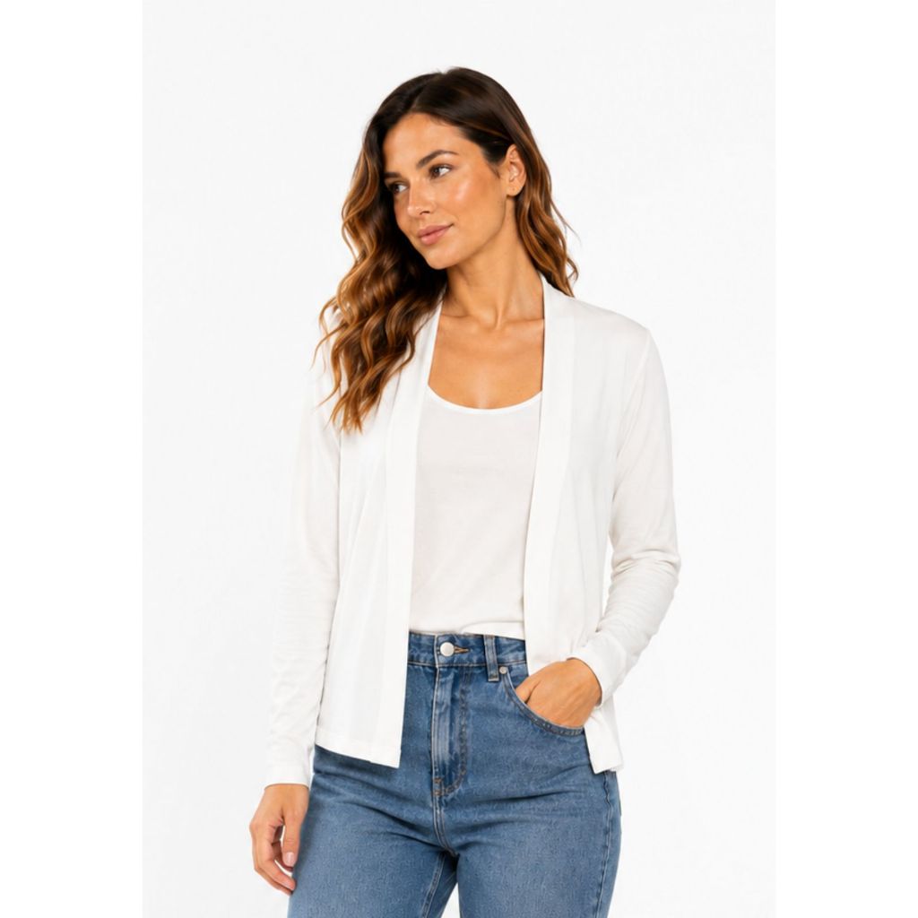 Conjunto Feminino Blusa Regata e Casaquinho Cardigã Off White Viscolycra Leve Elegante Confortável