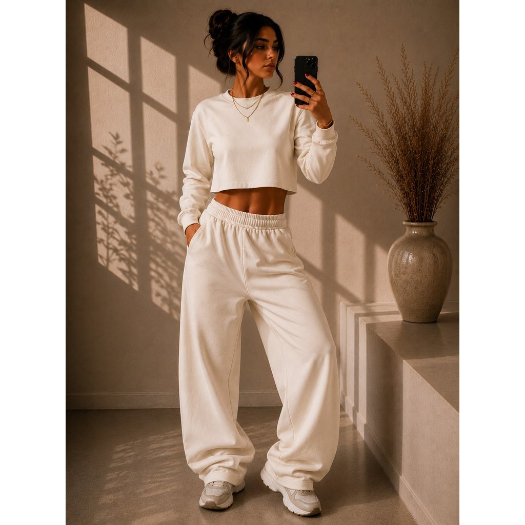 Conjunto Moletom Feminino - Calça Baggy Larga + Blusa Cropped premium Preto, Marrom ou Off White liso flanelado