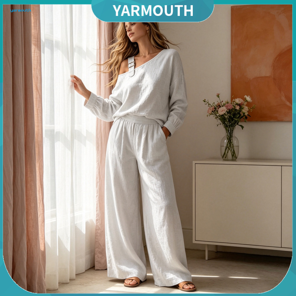 Skin Lounge Set High Waisted Wide Leg Pants Women’s Fall Two-piece – Off-shoulder Long Sleeve Top Waist Loose Shirt