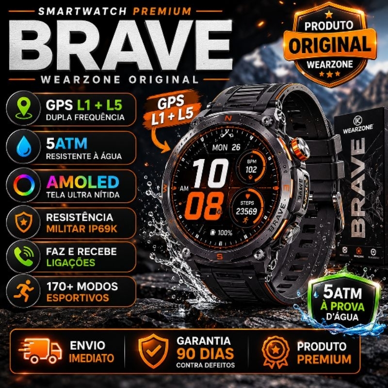 Smartwatch Wearzone Brave GPS L1 L5 Corrida Trilha 5ATM AMOLED Faz Ligações