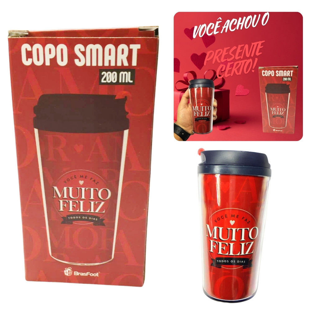 Kit 3Un Copo Viagem Térmico Plástico Vermelho Smart 200ml Café Você Me Faz Muito Feliz Presente