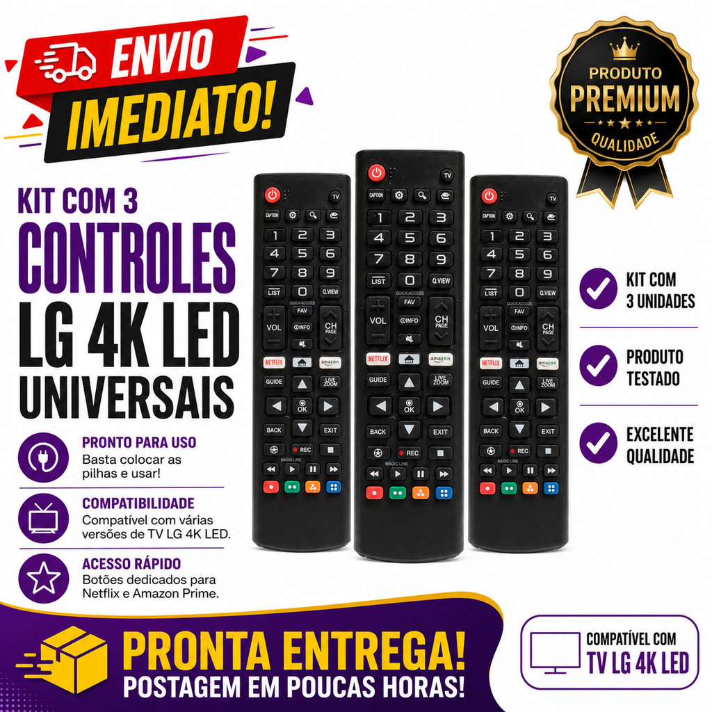 Kit 3un controle remoto tv lg smart 4K led Netflix, Amazon COMPATÍVEL