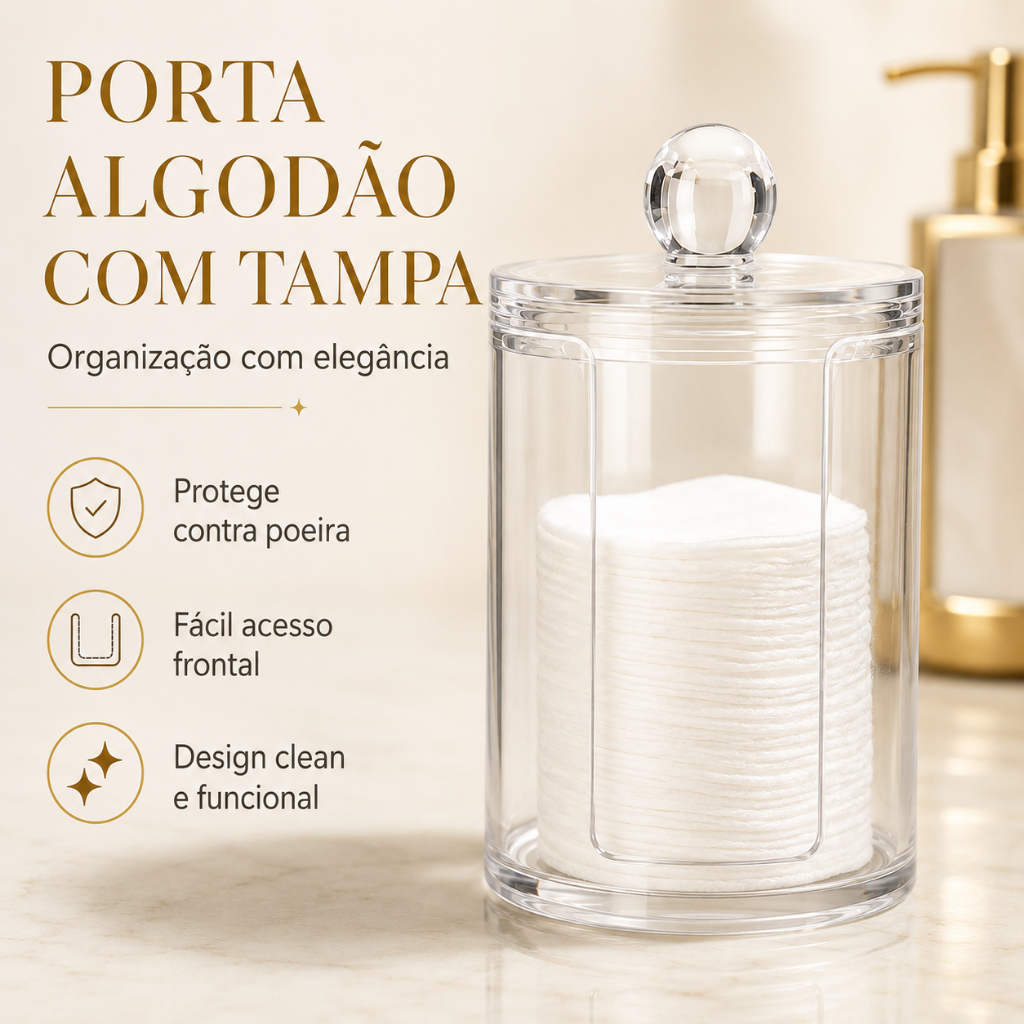 Pote Porta Discos de Algodão e Hastes Flexíveis com Tampa Transparente Organizador Skincare Banheiro