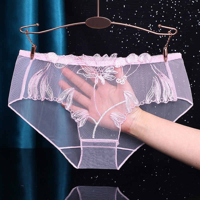 Calcinha feminina de tamanho grande, malha ultrafina, renda transparente, moda transparente, bordada