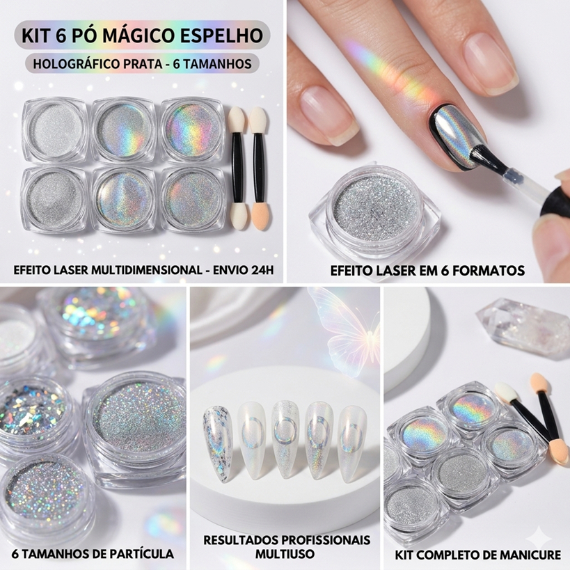 Kit 6 Pó Mágico Espelho Unha Holográfico Prata Efeito Laser 6 Tamanhos Brilho - ENVIO EM 24H