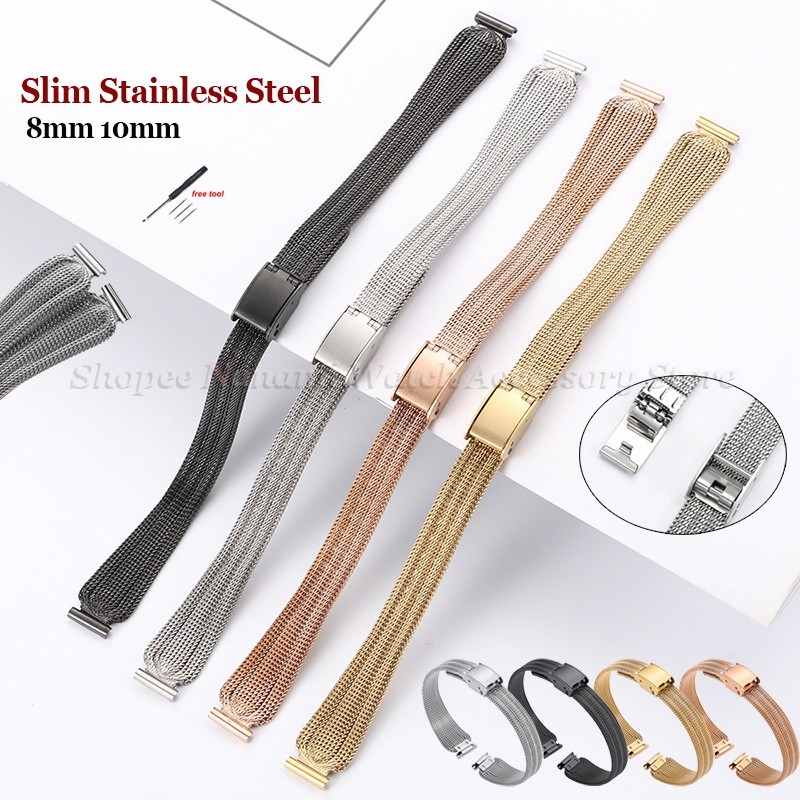 8mm 10mm Tamanho Pequeno Fino Pulseira De Relógio De Aço Inoxidável Malha Milanesa Universal Vintage Macio Ultrafino Met