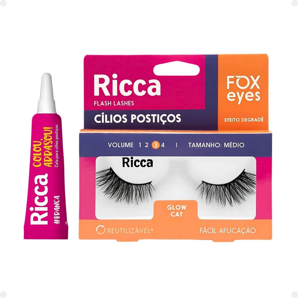 Cílios Postiços + Cola Branca Ricca Belliz Fox Eyes Glow Cat Vol:3 Médio Cód.2694