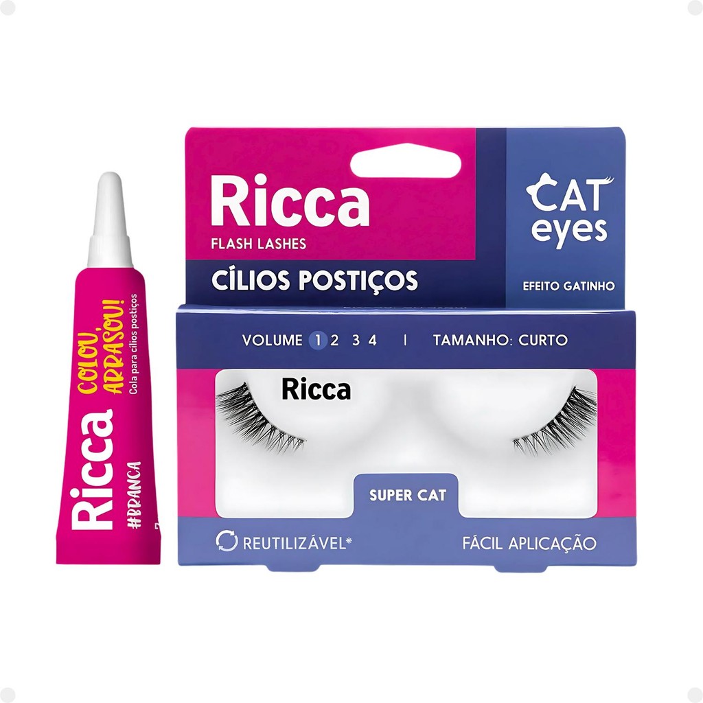 Cílios Postiços + Cola Branca Ricca Belliz Cat Eyes Super Cat Vol:1 Curto Cód.2705