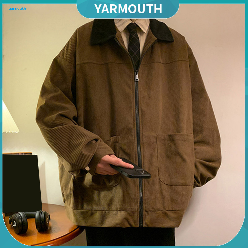 Corduroy Outwear Versatile Men Outerwear Men's Casual Jacket Patchwork Color Loose Fit Full Zipper Lapel Collar Long Sle