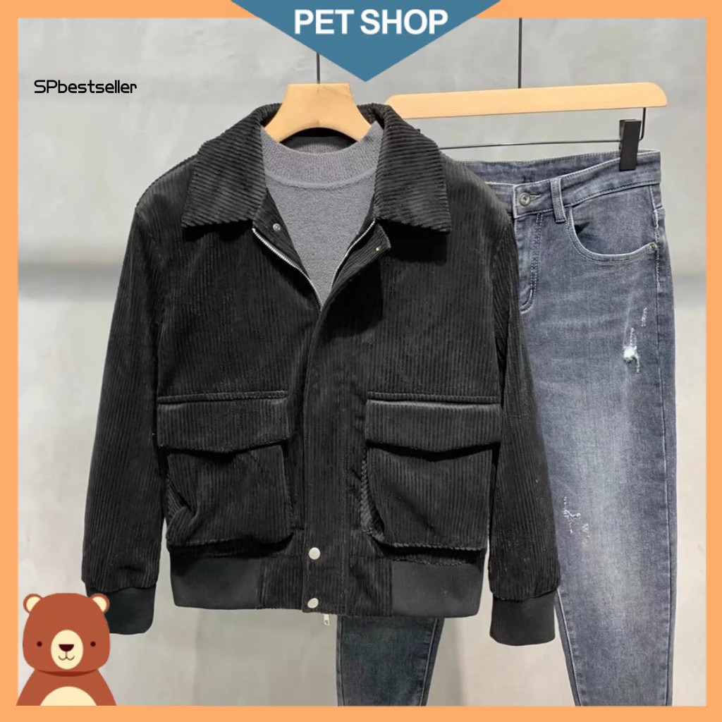 Solid Color Jacket Men Corduroy Men's Casual Outerwear Long Sleeve Lapel Coat with Flap Pockets and Full Zipper Stylish