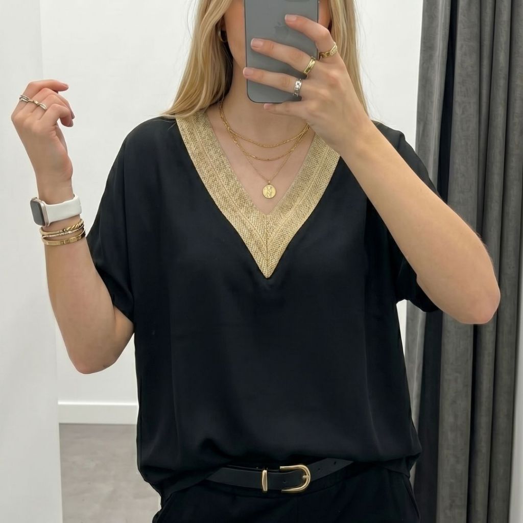 Blusa Feminina Decote V Lurex Básica Manga Curta Social Festa Tecido Leve Elegante