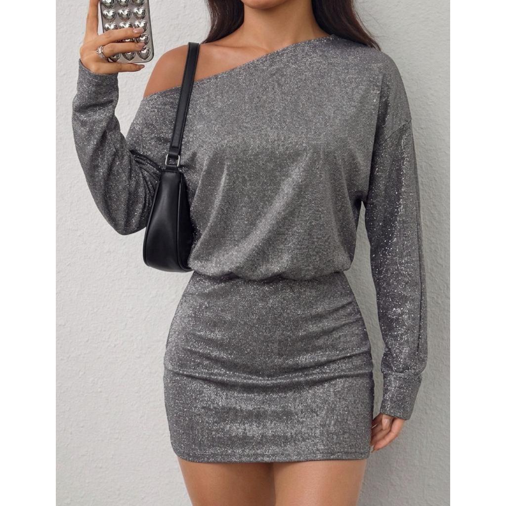 Vestido Curto Feminino Lurex Manga Longa Um Ombro Tubinho Sensual Festa