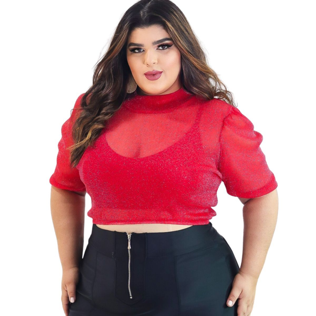Cropped Lurex Manga Bulfante Brilho Festa Plus Size Moda- Zoe