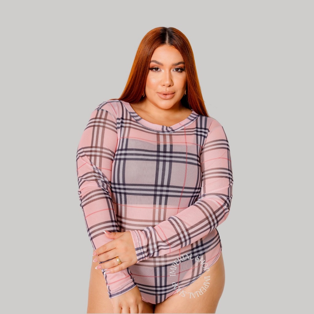 Body Blusa Feminino Tule Lurex Plus Size Manga Longa -Bia