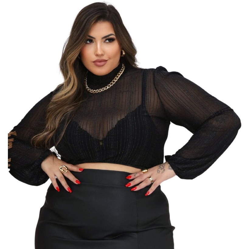 Cropped Lurex Manga Princesa Gola Alta Moda Plus Size - Babi