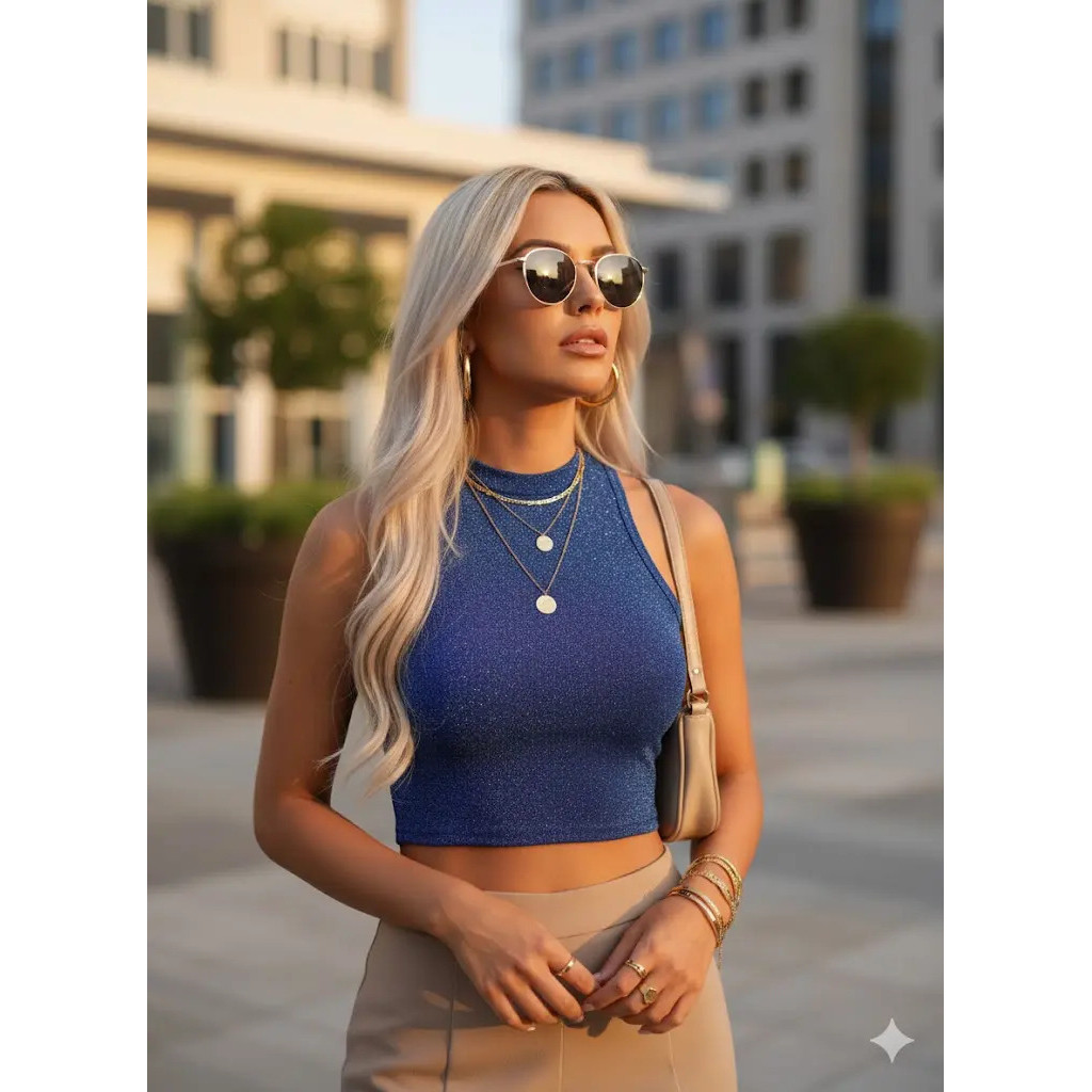 Cropped Lurex Azul Regata Sem Bojo