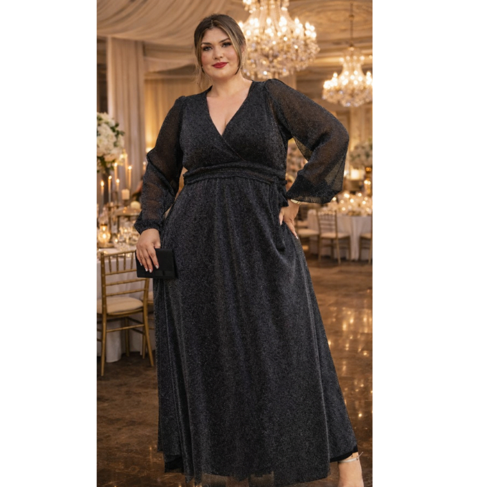 Vestido Plus Size Longo Festa Tule Lurex com Fenda para  Eventos Especiais Luxo