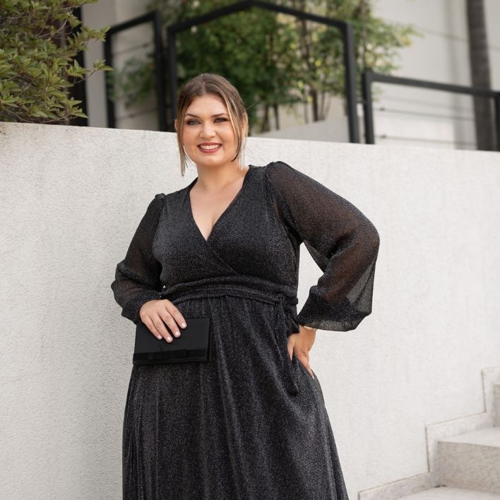 Vestido Plus Size Longo com Manga Longa Fenda Lurex/Fluity Festa Madrinha Evento Importante GG ao G4