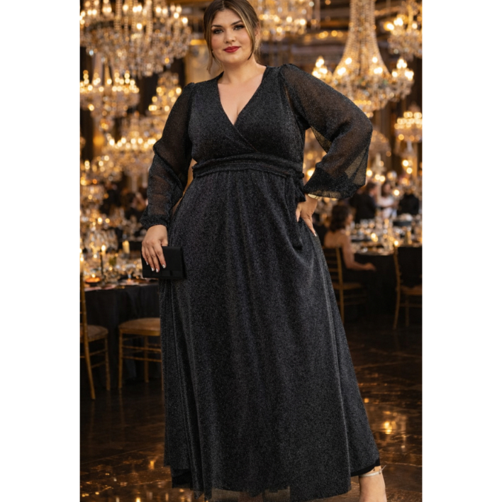 Vestido Plus Size Fenda com Manga Longa Festa Lurex/Fluity Madrinha Casamento Evento Importante
