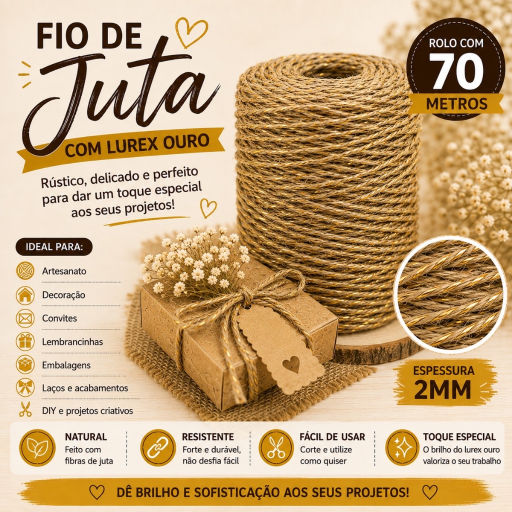 Fio de Juta Lurex Dourado para Decoração, Convites, Artesanatos