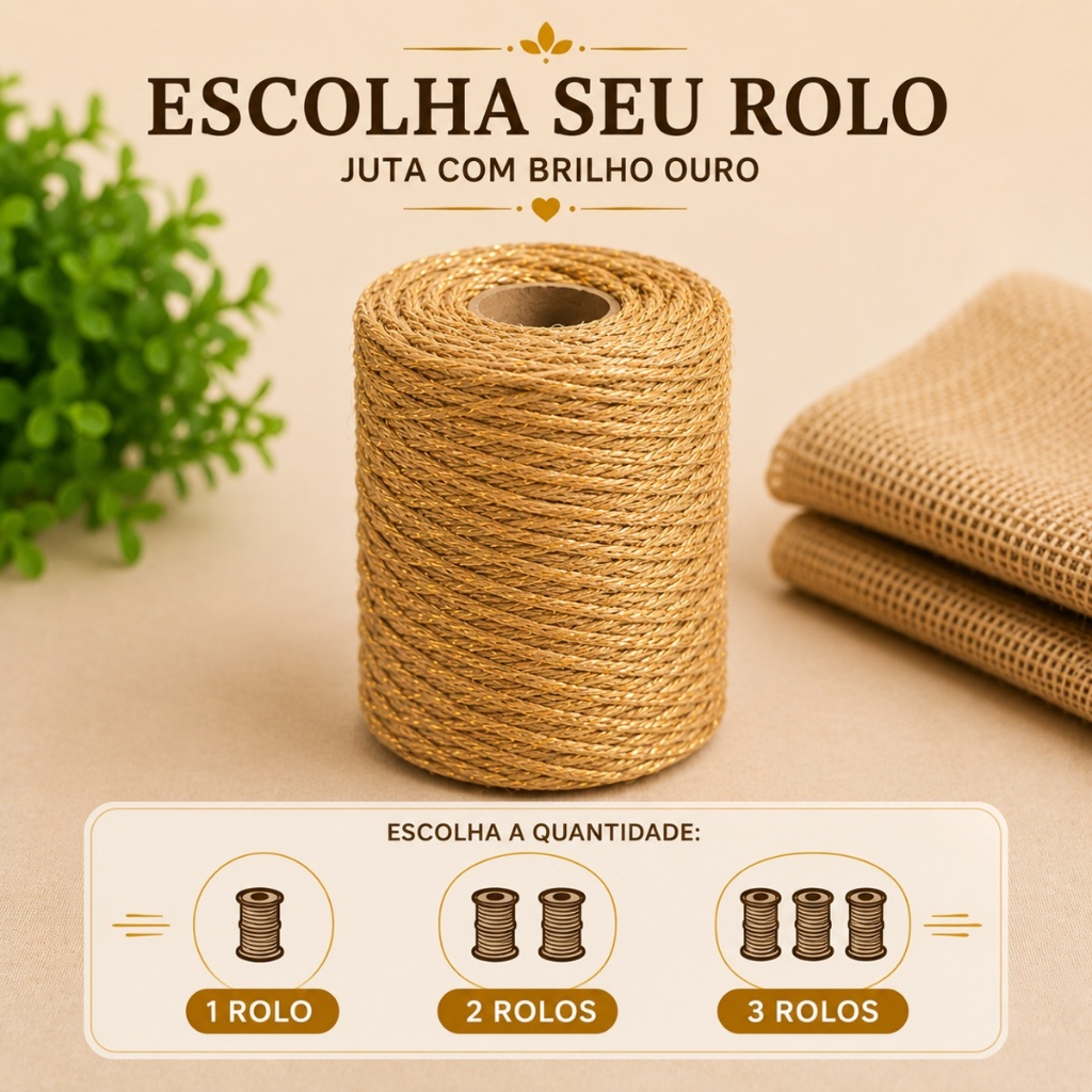 Até 3 Rolos Juta com Lurex Ouro 70 Metros