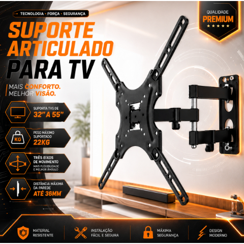 Suporte de Parede Articulado Reforçado p/ TV 26'' a 55'' com Parafusos – Ajustável e Seguro