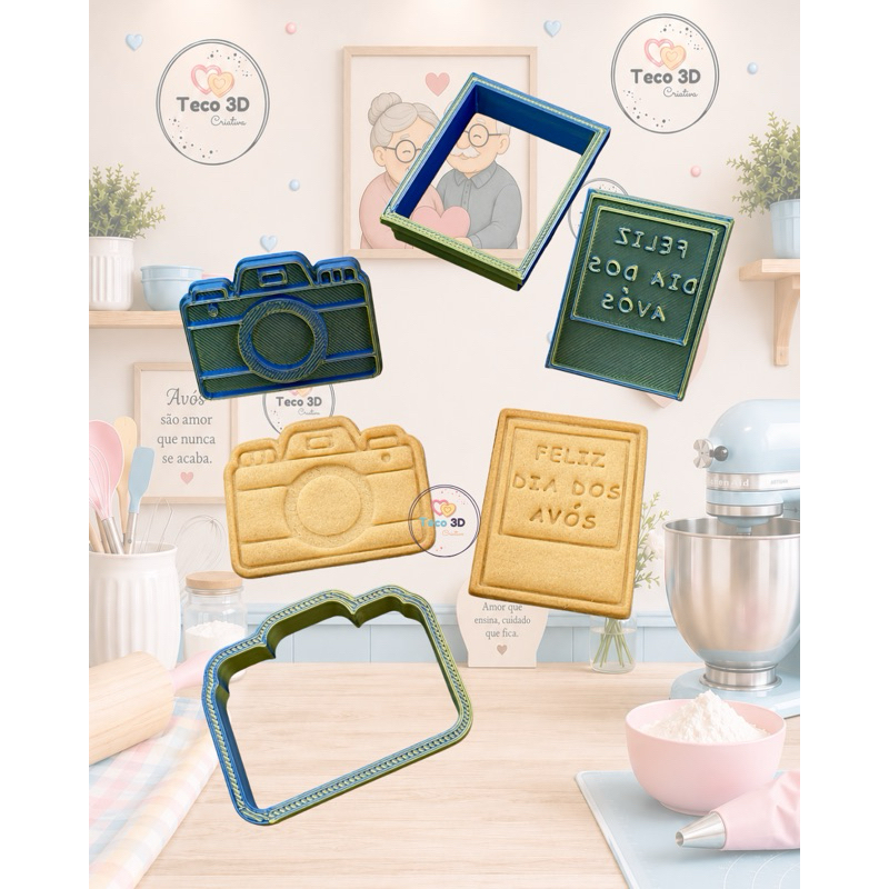 KIT CORTADOR DE BISCOITO DIA DOS AVÓS FOTOGRAFIA FOTO CÂMERA FOTOGRÁFICA 6 CM + CARIMBO MARCADOR AMANTEIGADO CONFEITARIA
