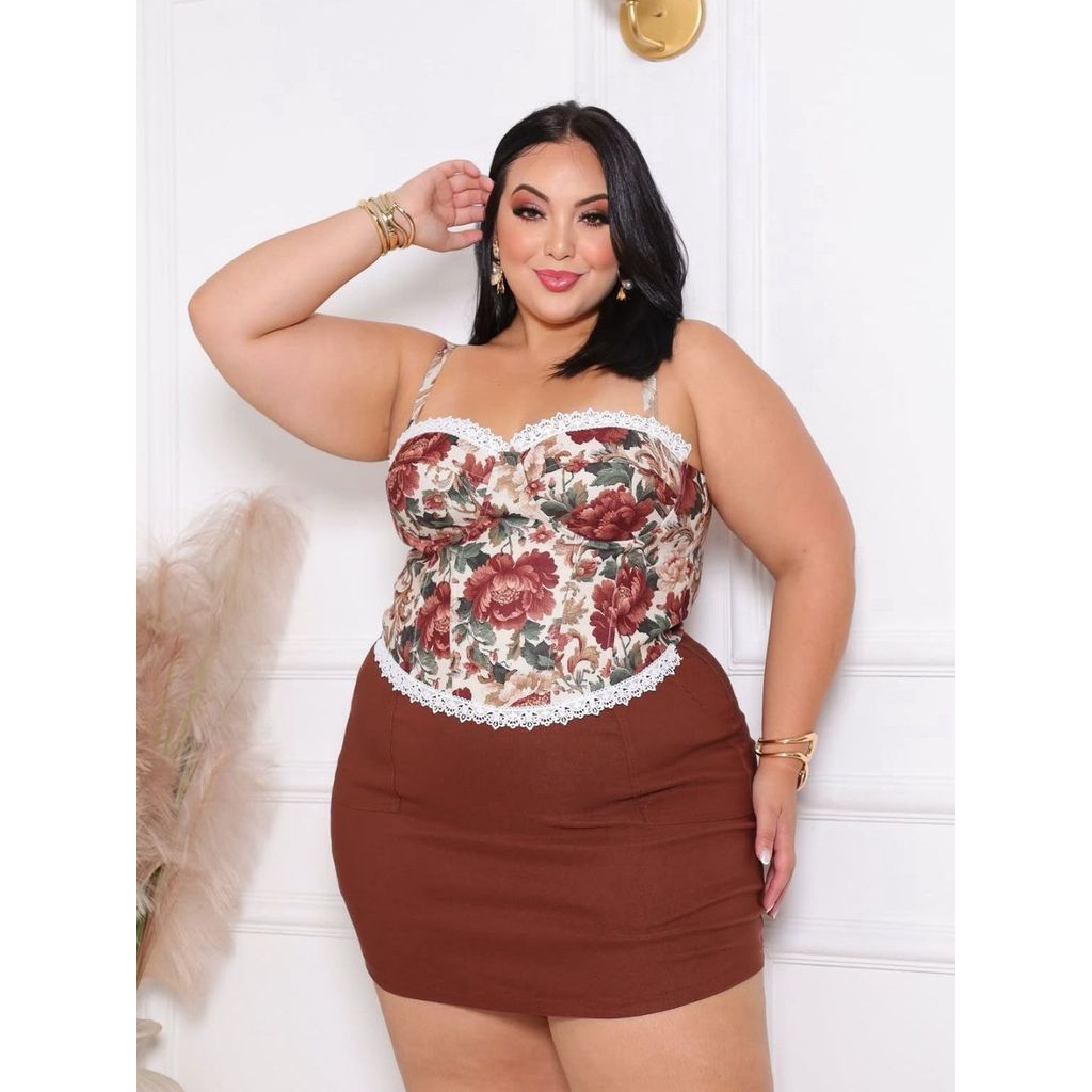 Cropped retrô plus size floral rendinha alcinha renda elegancia com amarração nas costas