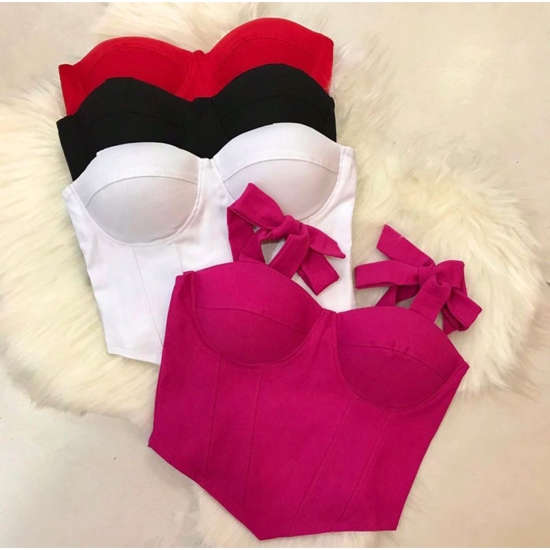 Cropped Corset Ponta De Bico Amarração Na Alça Bojo Retrô
