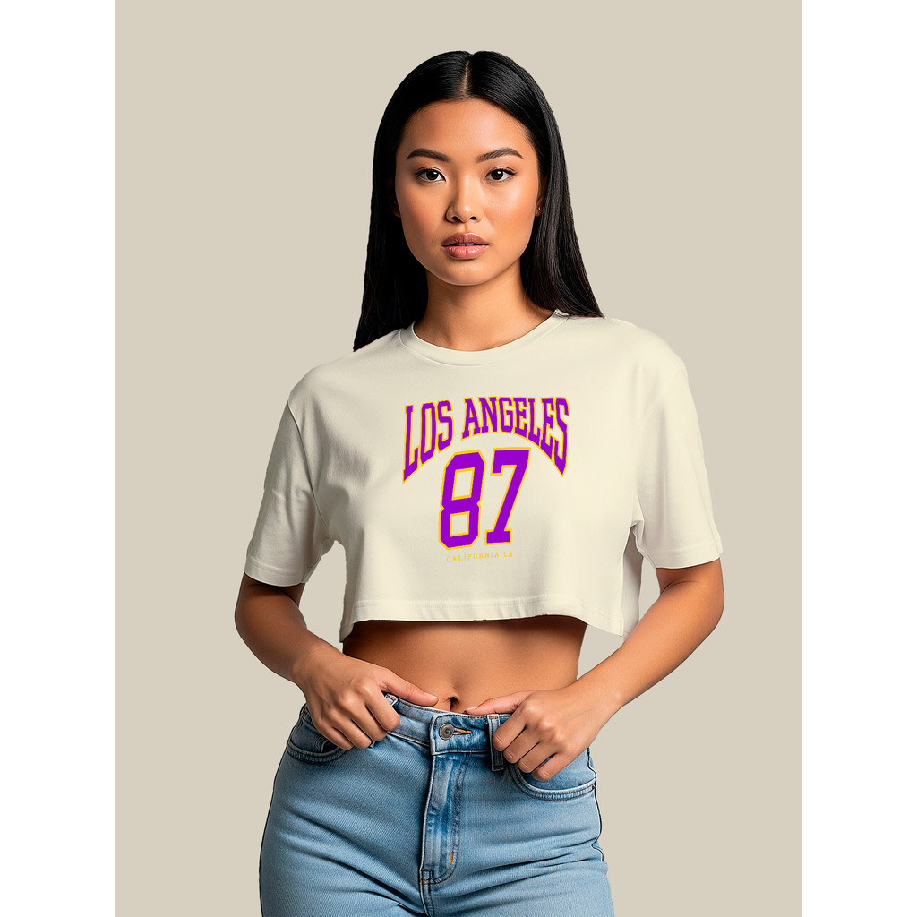 Camiseta Cropped Feminina Los Angeles 87 Retro Moda Gringa Ombro e Manga Caída 100% Algodão