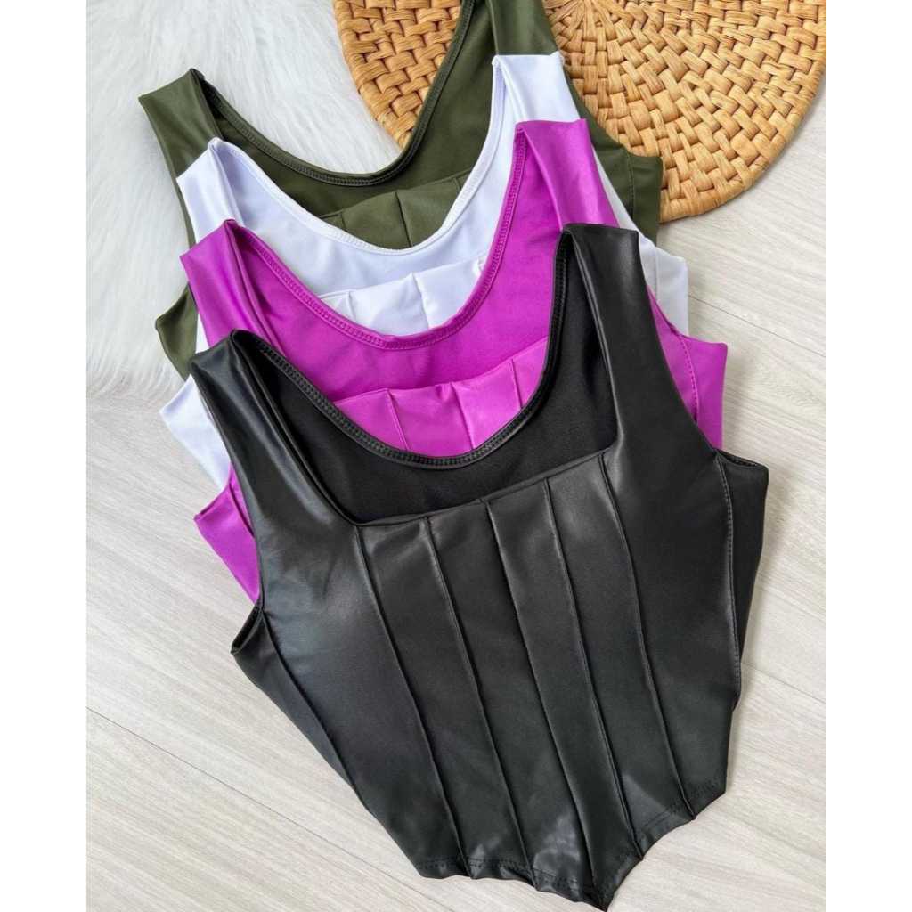 Blusa Cropped Feminino Regata Retro Couro Fake Preto Top Corset Crooped Corselet Alcinha Com Bojo