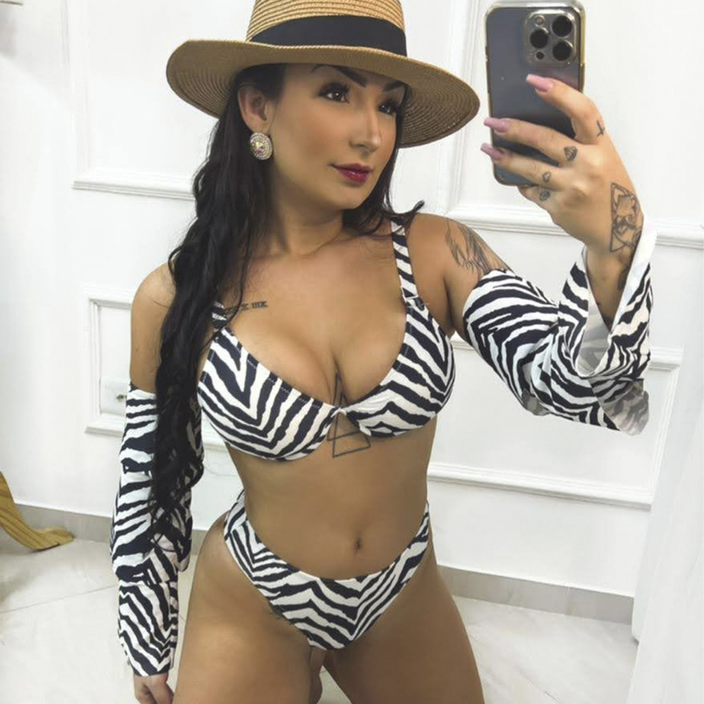 Biquíni Retrô Animal Print Top Cropped Manga Removível Estampa Zebrada Moda Praia