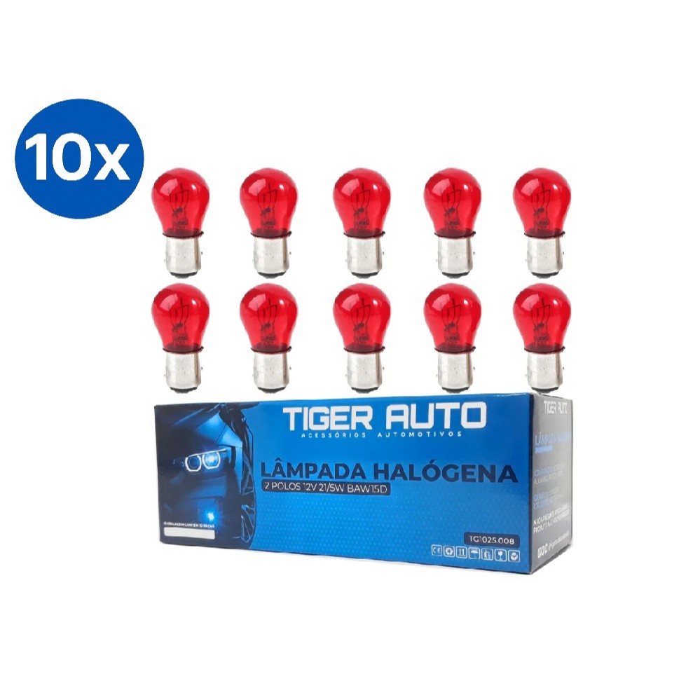 Kit 10x Lampadas 2 Polos Vermelha Freio e Lanterna 12V 21/5W Baw15d TG1025.008