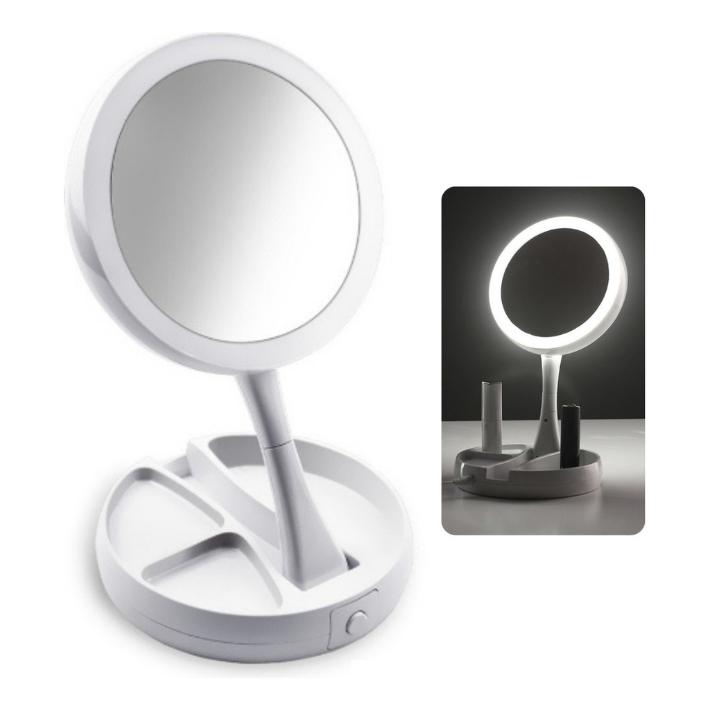 Espelho Dupla Face Camarim Com Luz Led Aumenta 10x Maquiagem