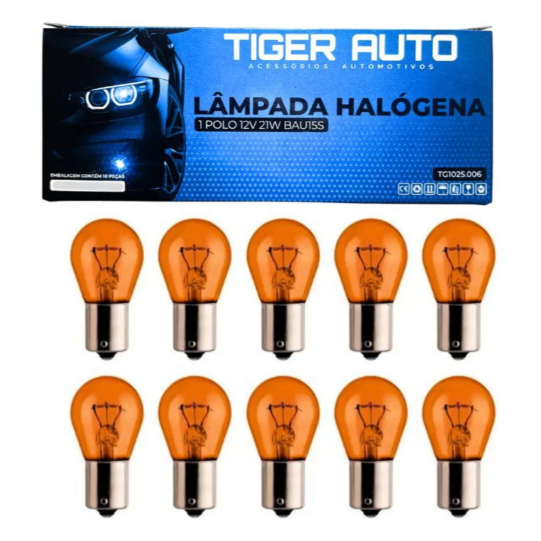 Kit 10x Lampadas 1 Polo Luz de Seta Pisca Ambar 12V 21W Bau15s TG1025.006
