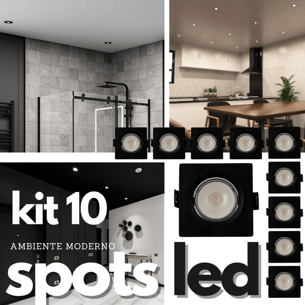 Kit 10x Spot de Led Preto Embutir 3w 5w 7w Quadrado Redondo Dicroica Direcionável Sanca Gesso Teto