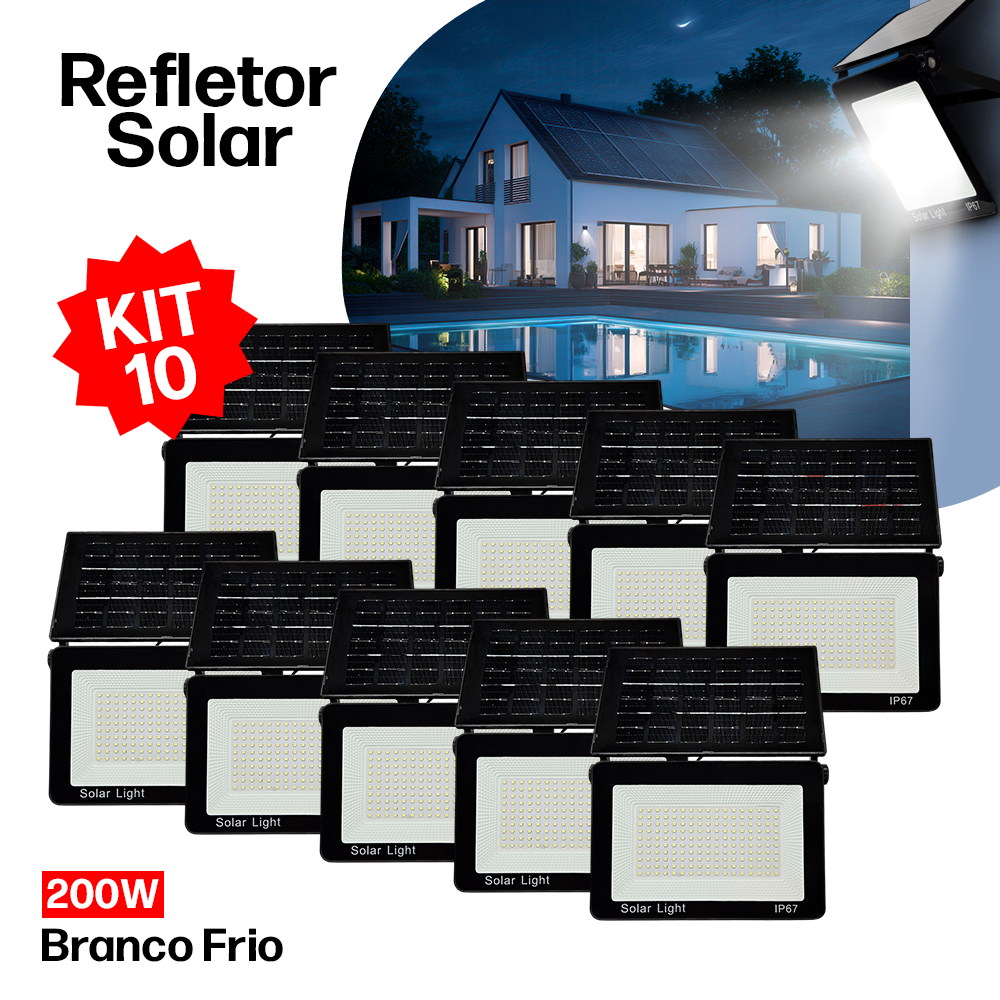 10x Refletor Solar 200W Alta Potência Prova d’Água  Bateria Recarregáve LED Branco Frio Área Externa