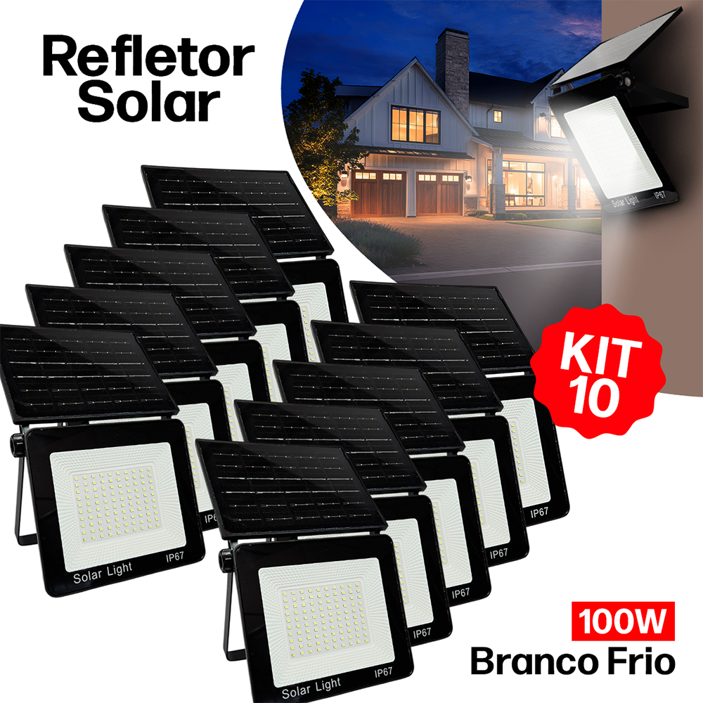 10x Refletor Solar 100W Alta Potência Prova d’Água  Bateria Recarregáve LED Branco Frio Área Externa