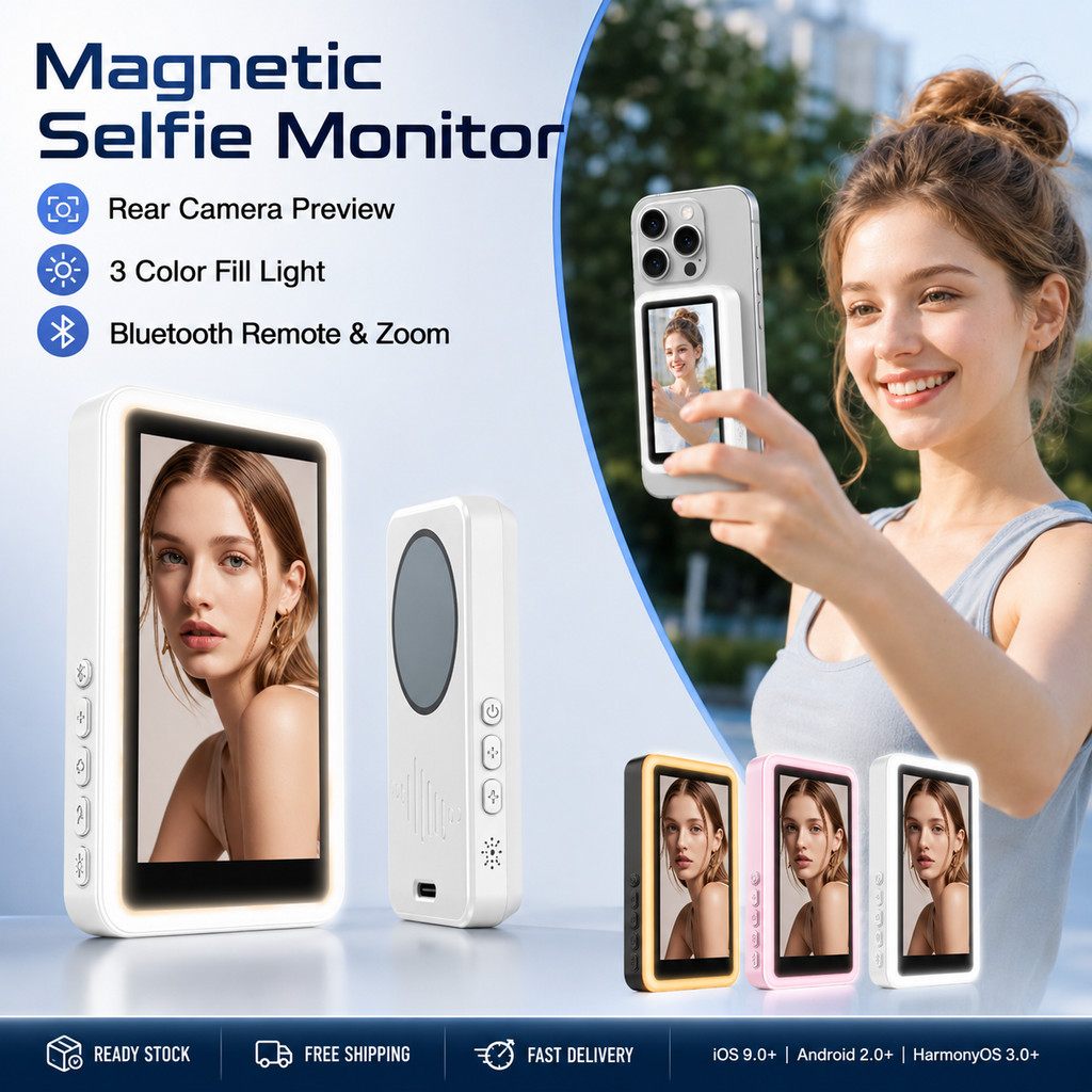 Monitor Magnético De Selfie Para Telefone Com Luz De Preenchimento De 3 Cores E Visualização De Câmera Traseira Vlog iOS