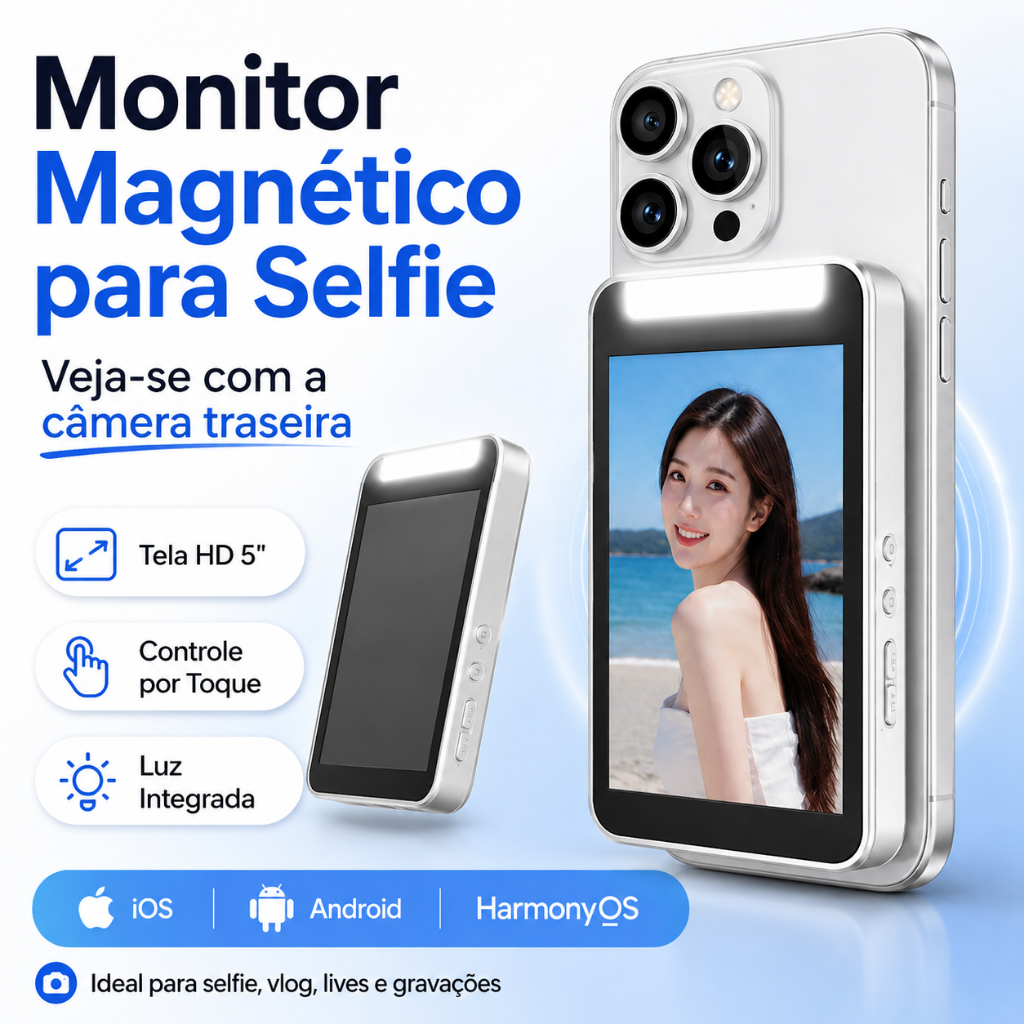 Monitor Magnético De Selfie Para Telefone Com Tela Sensível Ao Toque De 5 Polegadas , Luz De Preenchimento E Visualizaçã