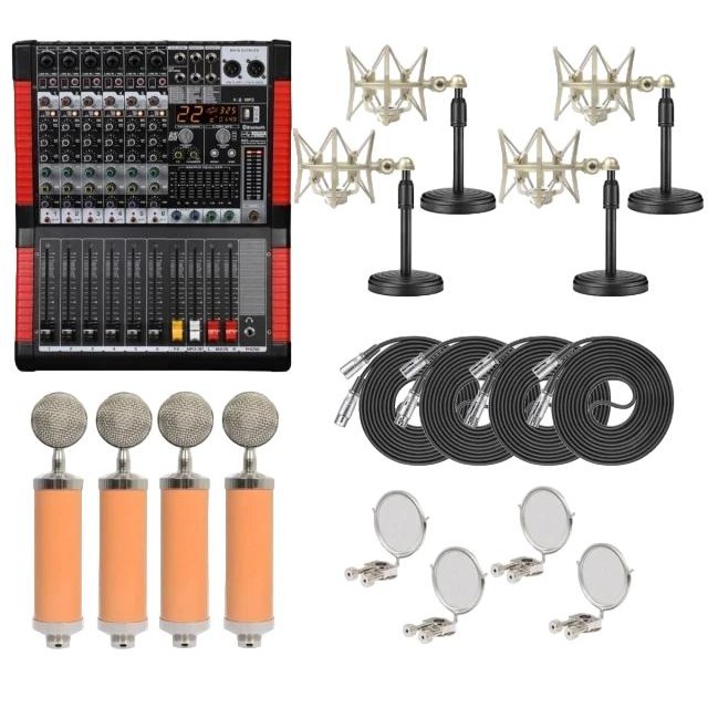Kit Microfone Podcast,Mixer,Interface,Mesa de Som 6 Canais,Suporte Microfone Base Redonda,Shock Mount,Pop,Cabo XLR
