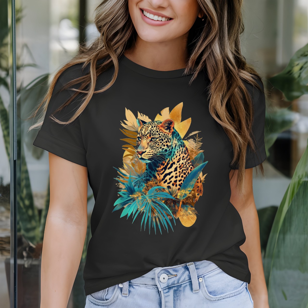 T-Shirt Feminina T-shirt Feminina Leopard Tiger Tropical Jungle Plant 100% Algodão - Estampa Exclusiva