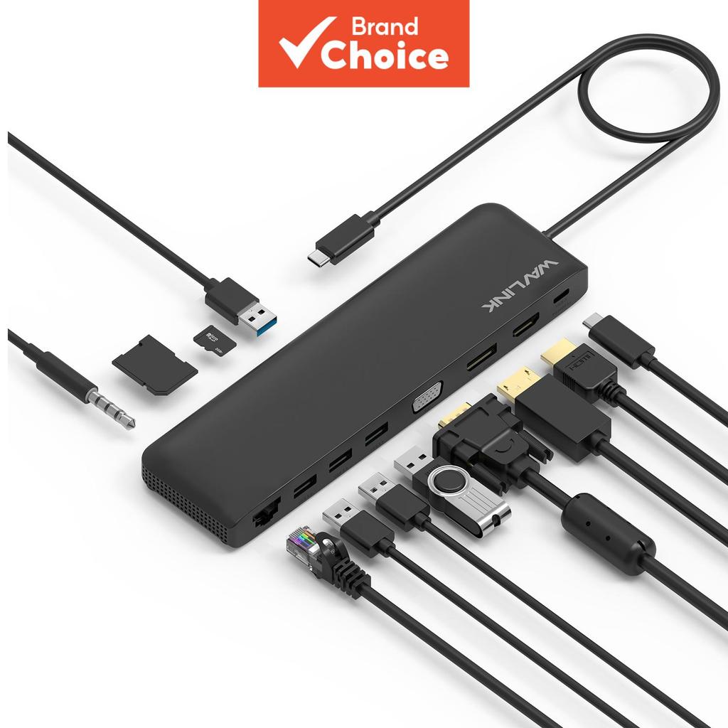 Estação de acoplamento WAVLINK 12-em-1 adaptador Type-C com HDMI, DisplayPort e VGA, 100W PD, Ethernet, leitor