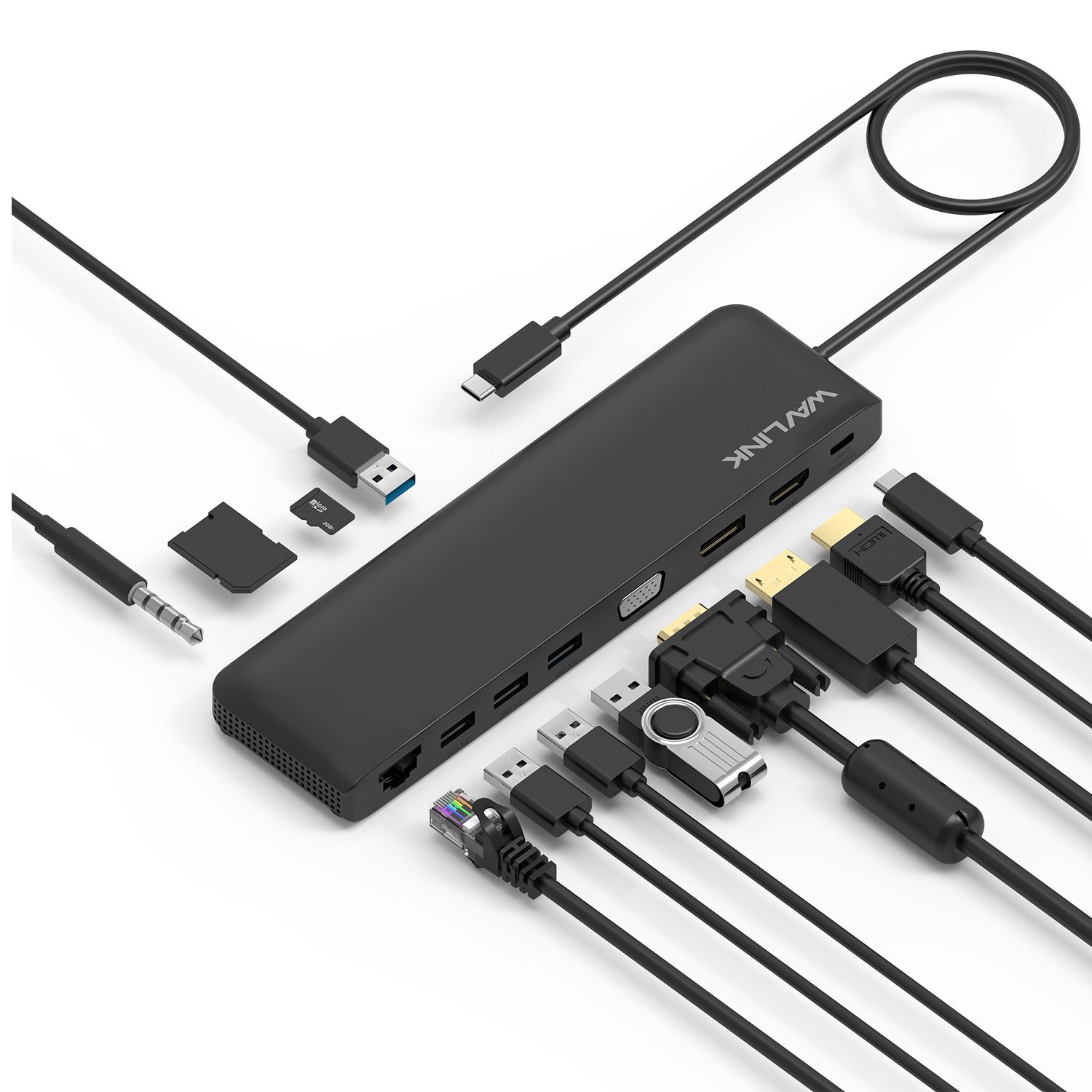 Estação de acoplamento WAVLINK 12-em-1 Tipo-C com adaptador HDMI, DisplayPort e VGA, 100W PD, Ethernet, leitor de