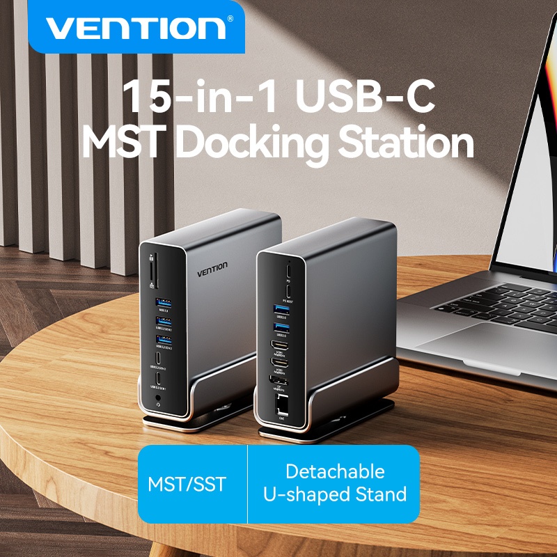 Estação de acoplamento multifuncional Vention 15 em 1 com porta USB-C, 10 Gbps, HDMI 4K, DisplayPort, RJ45, SD, TF para
