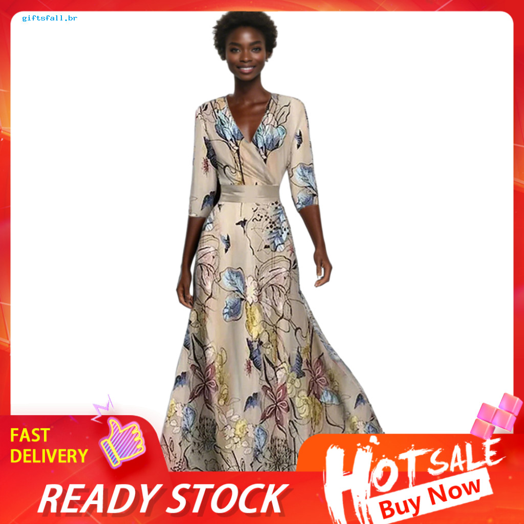 Slimming Women Dress Women’s Floral Maxi V-neck Half Sleeve High Waist A-line Long Large Hem Casual Party Wear Summer