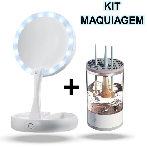 Kit para Maquiagem - Espelho Camarim com Iluminação LED + Lavador de Pincéis Automático