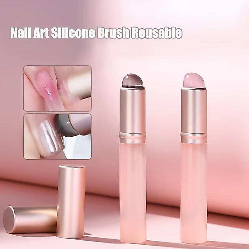 1 Peça Pincel de Silicone Rosa para Unhas Reutilizável Ferramenta de Manicure para Aplicação de Pó de Espelho Pigmento