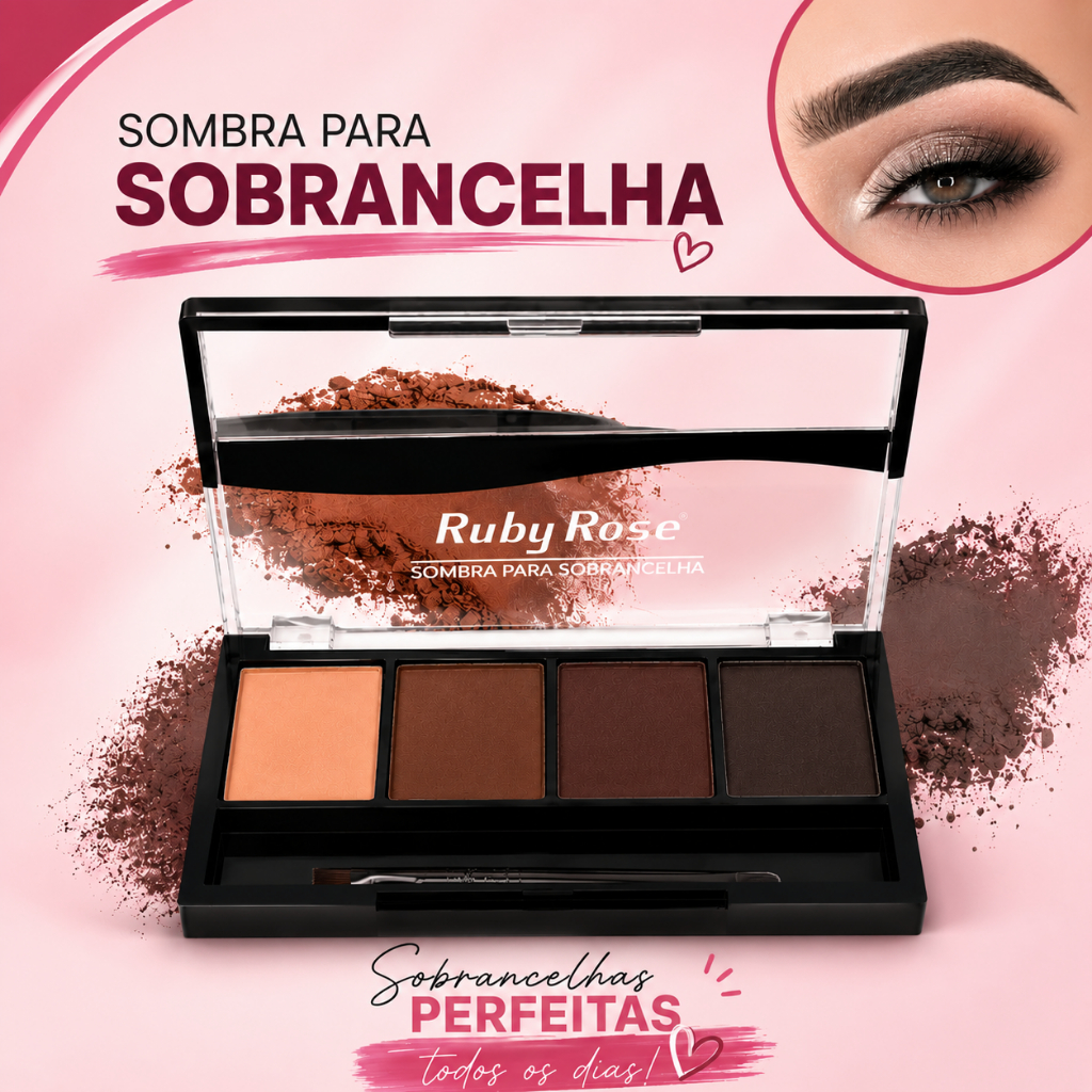 Trio de Sombra para Sobrancelha  - Ruby Rose com 3 Cores/ Primer/Pincel Duplo e Espelho