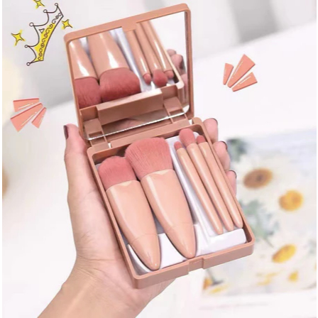 Mini Espelho De Maquiagem Portátil Com 5 Pcs Pincéis De Maquiagem Lupa Mão Segurar Bolso Dobrável Maquiagem